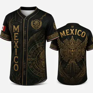 Unisex Mexico 2026 Black Gold Baseball Jersey – Aztec Sun Calendar Button-Up Shirt, Temple Back Print Soccer Fan Apparel, Unisex S-5XL