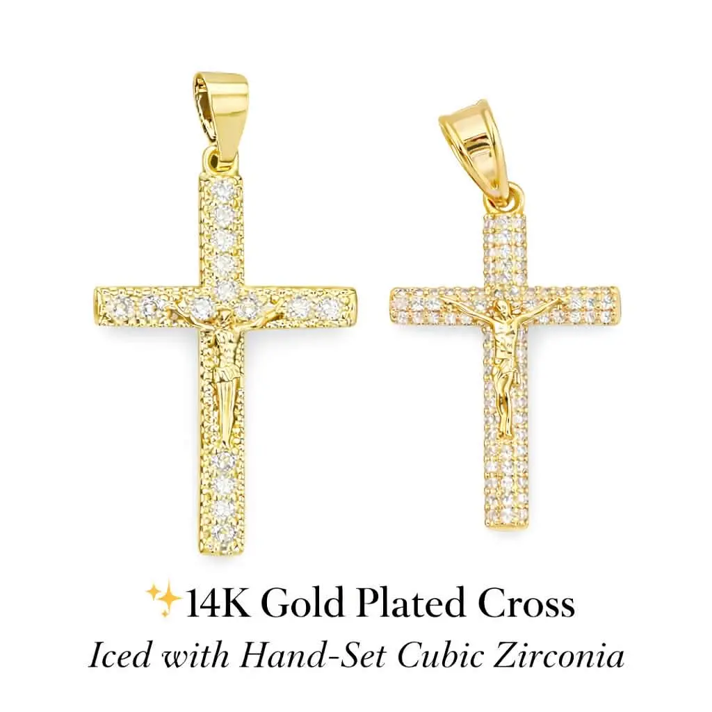 Only Crucifix - 14K Gold Plated Religious Cross Jesus Christ Crucifix 1.5-inch/2.3-Inch Pendant Iced Brass with CZ Diamonds for Hip Hop Jewelry Big Crucifix Chain All Occasions