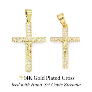Only Crucifix - 14K Gold Plated Religious Cross Jesus Christ Crucifix 1.5-inch/2.3-Inch Pendant Iced Brass with CZ Diamonds for Hip Hop Jewelry Big Crucifix Chain All Occasions