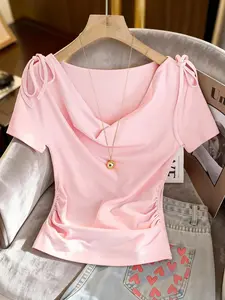 Women's Casual Short Sleeve T-Shirt, Pink Cowl Neck Top with Shoulder Tie & Side Ruched Design, Slim Gentle Style Tee, Perfect for Summer and Daily Wear