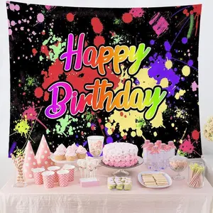 Happy Birthday Tapestry, Colorful Splash Wall Hanging, Room Decoration, Party Decoration, Large Fabric Art Poster, Home Living Room Decor