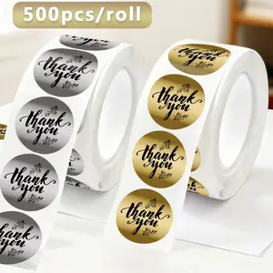 500 Sheets Roll Gold Foil Thank You Stickers, Decoration Sticker, Self-Adhesive Gift Wrap Sealing Labels, Round Label, Waterproof PVC Craft Supplies for Weddings Birthdays, Waterproof Durable Sticker