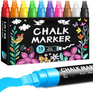 Window Chalk Markers for Glass Washable, 10 Colors  Liquid Chalk Marker with 10mm 3 in 1 Nib Thick Wide Tips, Big Chalkboard Markers,   Pen for Auto, Bistro, Mirror, Poster, Blackboards