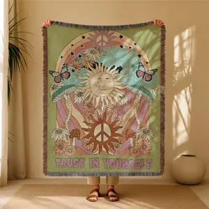 Believe In Yourself  Bohemian Yarn Jacquard Woven Blanket with Tassel, Thick Soft Washable Blanket, Used for Home Decor Sofa Chair Bed Tapestry Tablecloth Floor Garden Picnic Outdoor Camping