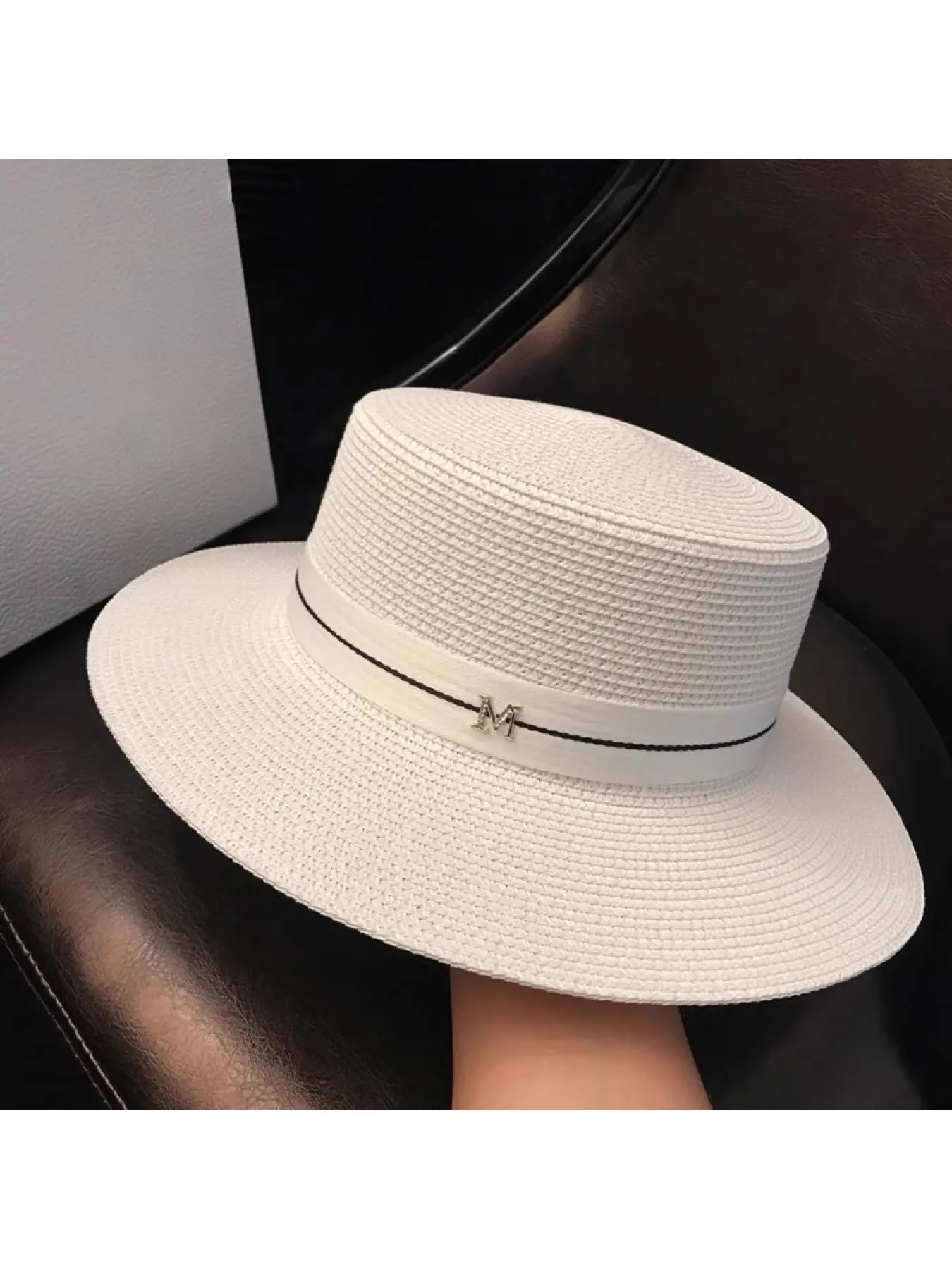 Flat Top White Straw Hat Elegant Ladies Summer Beach Travel UV Sun Protection Casual Hat