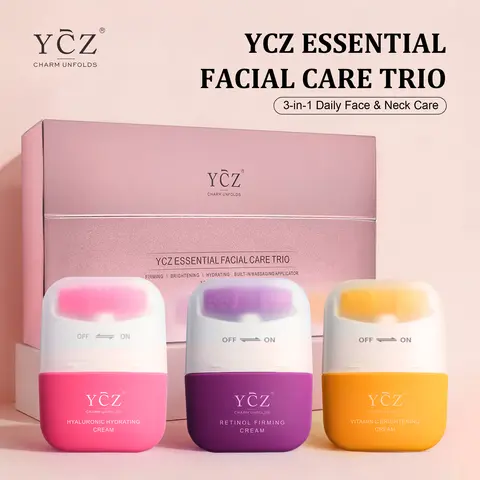 [YCZ] Essential Facial Care Trio – Hyaluronic Acid, Retinol & Vitamin C Cream Set with Built-In Massager for Face & Neck Firming, Brightening & Hydrating #Summervibes