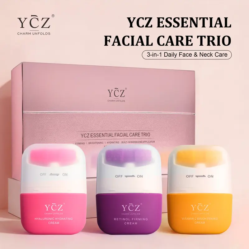 [YCZ] Essential Facial Care Trio – Hyaluronic Acid, Retinol & Vitamin C Cream Set with Built-In Massager for Face & Neck Firming, Brightening & Hydrating #Summervibes