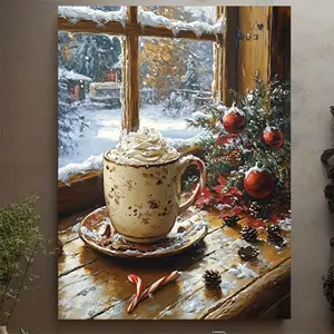 2D Flat, 1 Piece Wooden Frame Canvas Art Print, - Warm Winter Scene with Hot Chocolate in a Country Cup, Snow Window Landscape, Christmas Decoration, Festive Wall Art|Winter Scene Decoration|Textured canvas, Christmas decorations