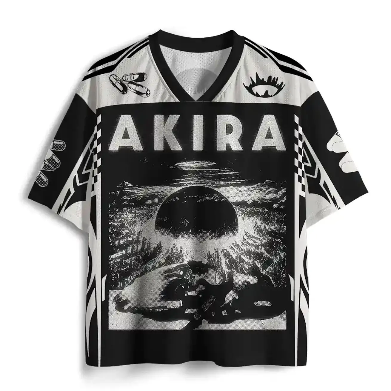 Dystopian Horizon Mesh Jersey, Futuristic Dark Graphic Sports Shirt, Cyberpunk Y2K Streetwear Top, Dystopian Landscape Design, Breathable Oversized Unisex Mesh Jersey, Trendy Casual Summer Shirt for Men & Women 1Y1