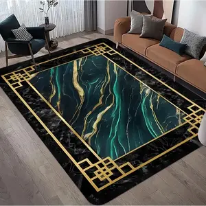 Luxury Black Green Gold Marble Flannel Area Rug - Modern Geometric Border Print Soft Mat for Living Room, Non-Slip Home Decor#LuxuryMarbleRug #BlackGreenGoldMat #GeometricBorderDecor #ModernCarpet #NonSlipFlannelRug