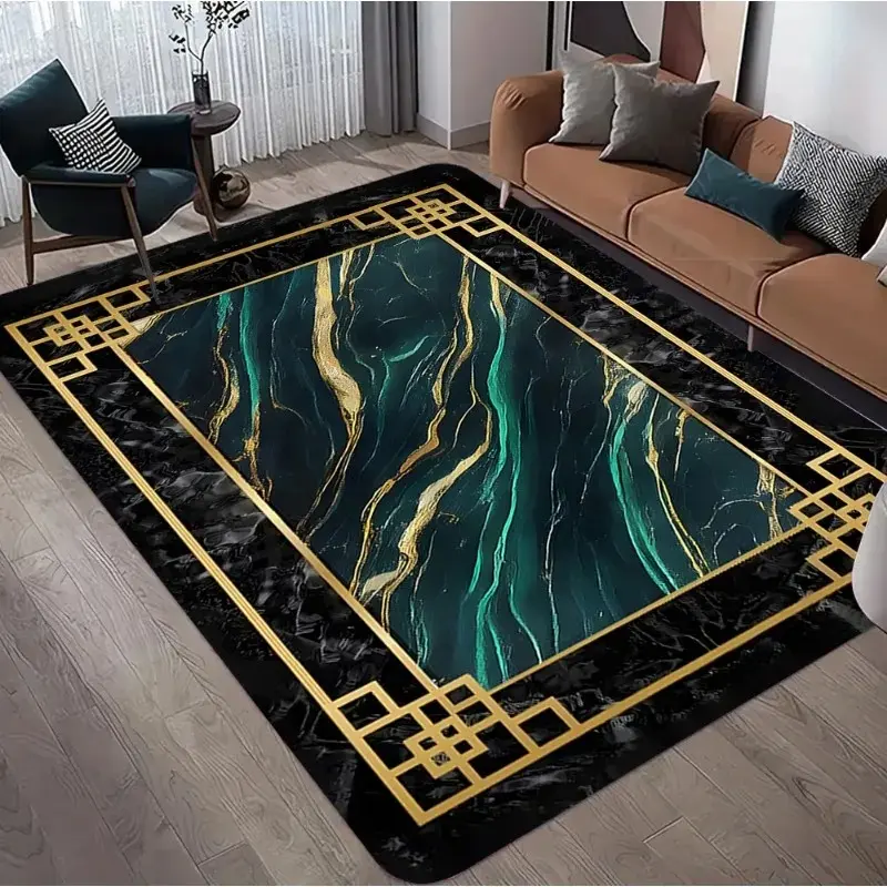 Luxury Black Green Gold Marble Flannel Area Rug - Modern Geometric Bordered Rug Print Soft Mat for Living Room, Non-Slip Home Decor#LuxuryMarbleRug #BlackGreenGoldMat #GeometricBorderDecor #ModernCarpet #NonSlipFlannelRug
