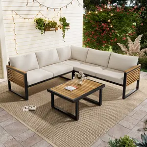 4-Piece Outdoor Acacia Wood  Metal Corner Sofa Set | Stylish Industrial Aesthetic | Water-Resistant  Moisture-Proof | Durable & Stable