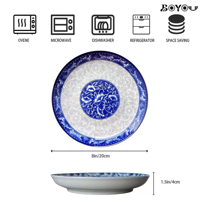 Viral Blue and White Ceramic Plate Set! BOYOU 8" Chinese Style Plates, Microwave & Dishwasher Safe. Underglaze Craft, Non-toxic & Durable. Thickened Deep Plates for Pasta, Salad & Fruit. Space-Saving Set of 4, Elevate Your Kitchen Style!