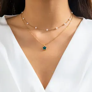 Temperament Five Leaf Flower Neck Pendant Simple Imitation Pearl Beaded Flower Necklace felicity  necklace