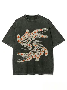 Vintage Washed Heart Crocodile Graphic T-Shirt, 260g 100% Cotton Breathable Oversized Casual Streetwear Tee for Men & Women