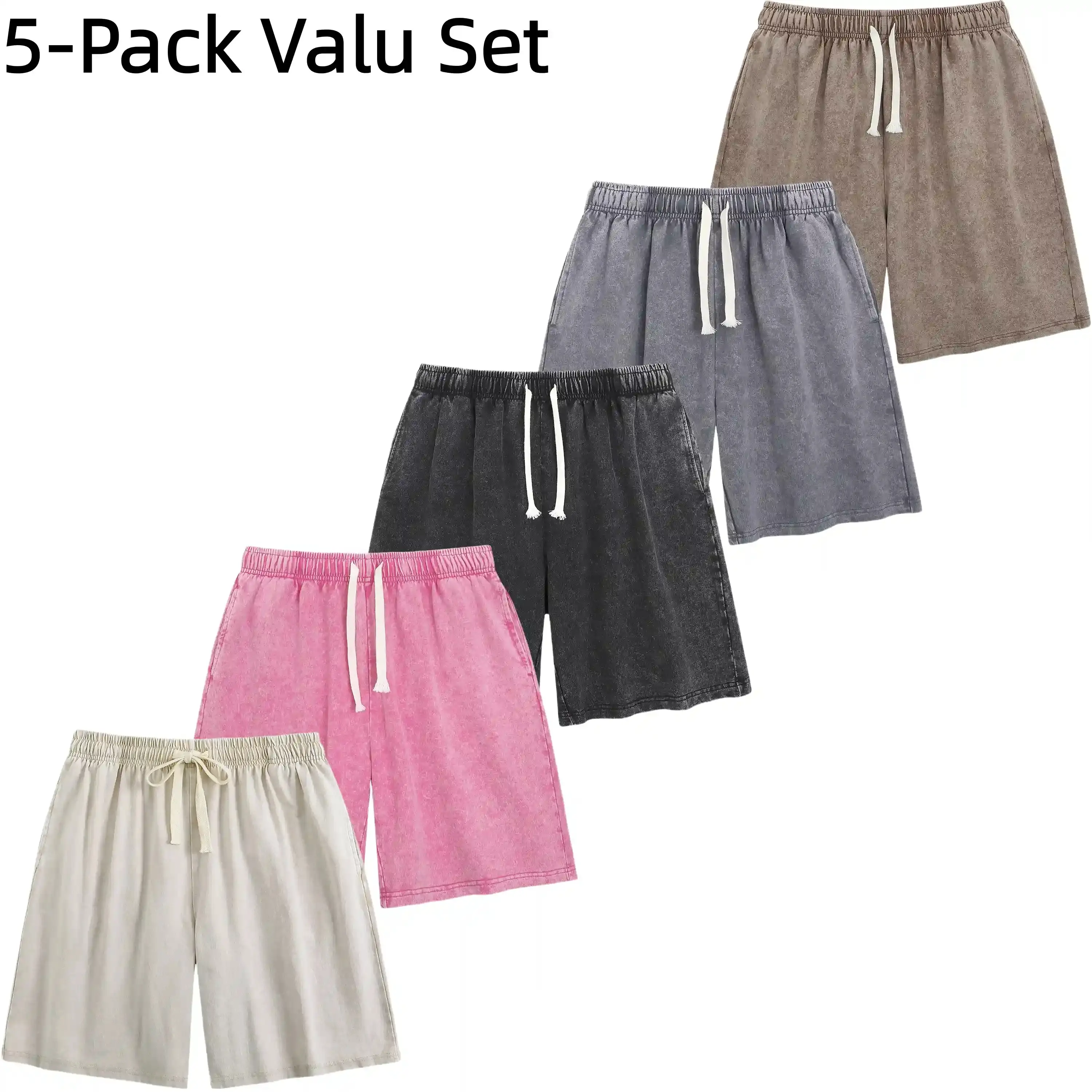 5-Pack Men's Drawstring Shorts in Soft Pure Cotton, Chic & Sweet Vintage Washed Solid Color Loungewear with Deep Pockets, Sporty Men's Shorts, Active, H Type, Knitting, Retro, Scratchproof casual breathable comfortable short