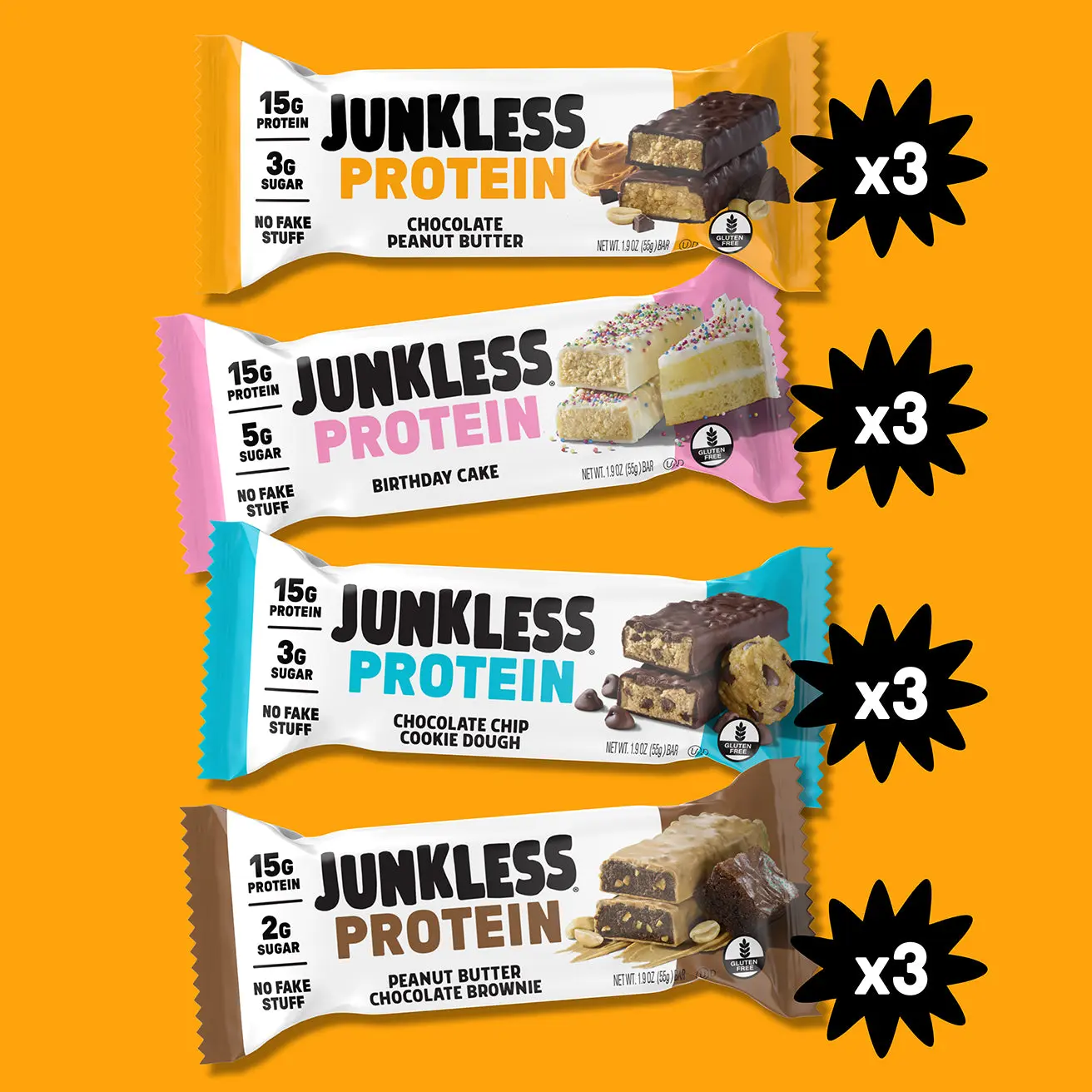 JUNKLESS 12-Count Protein Bar Variety Pack - 15g Protein, 2g Sugar, High Fiber, Gluten Free, Clean Ingredients, No Fake Stuff, Candy Flavor, Chocolate & Peanut Options, Nutritious Snacks