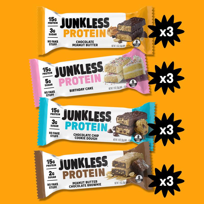 JUNKLESS 12 Protein Bar Variety Pack - 15g Protein, 2g Sugar, High Fiber, Gluten Free, Clean Ingredients