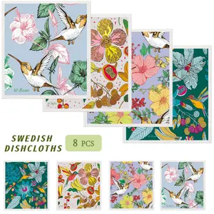 W-Home Original Swedish Dishcloths for Kitchen | 8 PCS Geometric Washable Dish Rags | Cellulose Reusable Cleaning Paper Towels | Absorbent Counter Dish Cloth Sponge Kitchen Wipes, 8" L x 7" W, Multi-Purpose Non-Scratch Wire Super Soft Microfiber