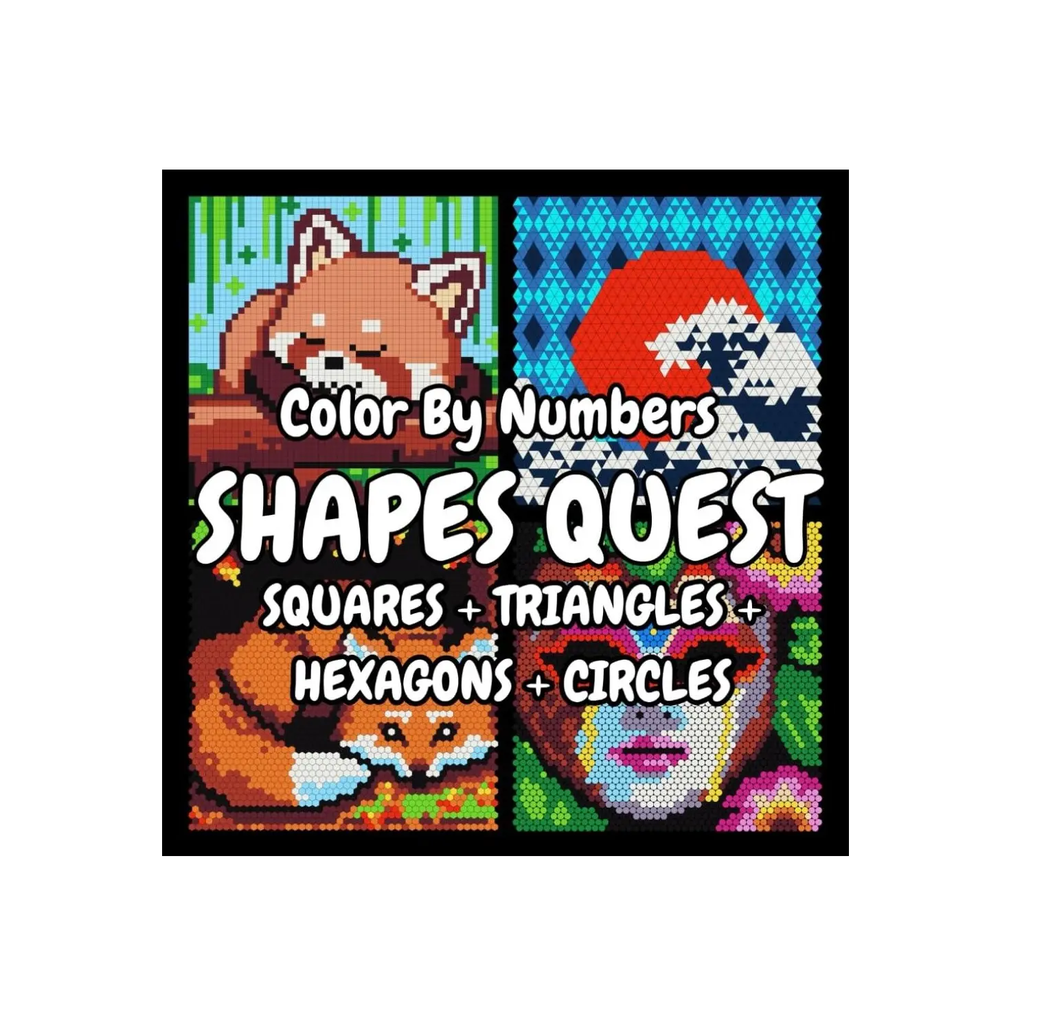 QUEST Color By Numbers: Squares + Triangles + Hexagons + Circles Mystery Mosaic Color By Number Book for Adults - Black Background Diamond Painting Set