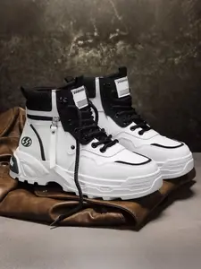 Men's High-Top Casual Hiking Sports Anti-Slip Work Shoes, Leather Waterproof Thick Sole Boots for Fall Season