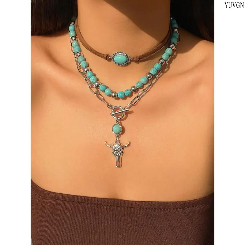 Vintage Cow Head Turquoise Pendant Necklace - Bohemian at Heart Animal Jewelry, Female Boho Beaded Statement Layering Piece, Retro Western Ethnic Accessory for Daily Wear, Perfect Birthday Gift, Party, Cow Motif, Cow Head Design