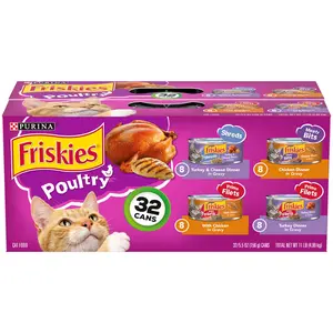 Purina Friskies Gravy Wet Cat Food Variety Pack - Poultry Shreds, Meaty Bits and Prime Filets - Pack of 32 - 5.5 oz. Cans