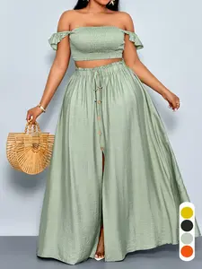 Two-Piece Summer Casual Elegant Chic Women's Solid Color Skirt Set, Plus Size Off-Shoulder Crop Top and High-Waist Skirt, Perfect for Daily Wear and Vacation