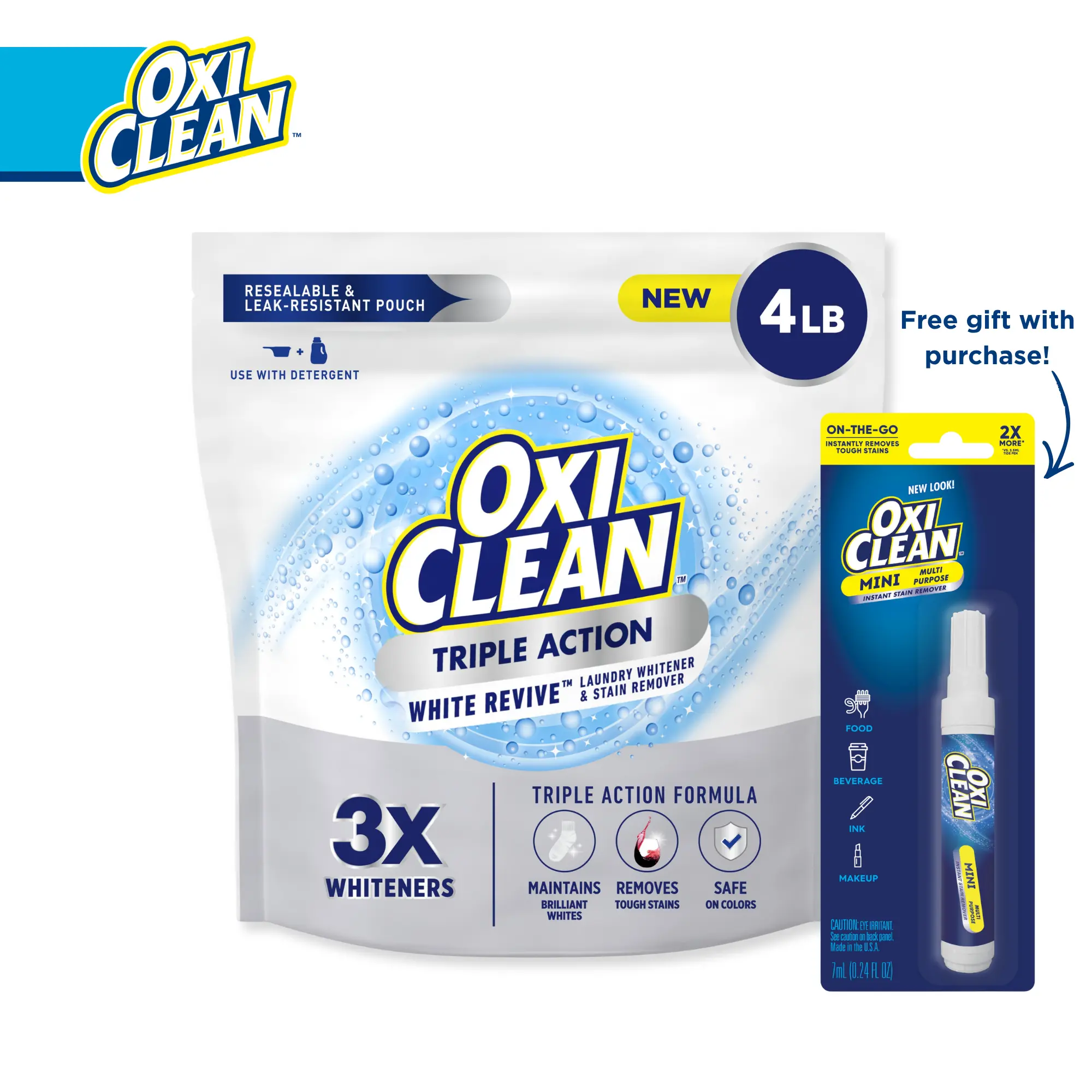 OxiClean Triple Action White Revive Laundry Whitener and Stain Remover Powder, 4 lbs, Use with Detergent, Whitens and Brightens Clothes, Removes Tough Stains, Color Safe, Chlorine Free