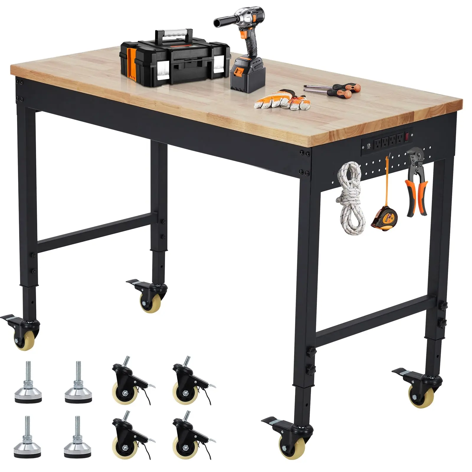 GARVEE 72" x 25" Adjustable Workbench 2000 Lbs Capacity, Rubber Wood Table Heavy Duty Workstation with Hardwood Top, Power Outlets, Metal Frame, Swivel Casters, Garage Table for Workshop Office Home
