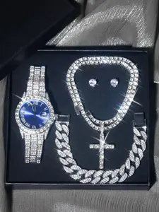 Rhinestone Decorated Jewelry Set, Including Chain Bracelet & Necklace & Earrings & Ring, Street Style Jewelry Set for Men & Women, Fashion Accessories for Party, Daily Decor, Bracelet Watch Set