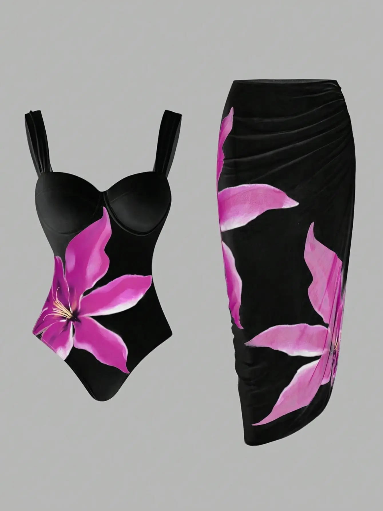 2026 Sleek Black & Pink Lily Print Bathing Suit with Cover-Up Set - Bustier Swimsuit and Ruched High-Slit Midi Skirt, Stylish Swimwear for Resort Trips, Summer Adventures, and Beach Photoshoots Summer Vibes Swimdress Swimming