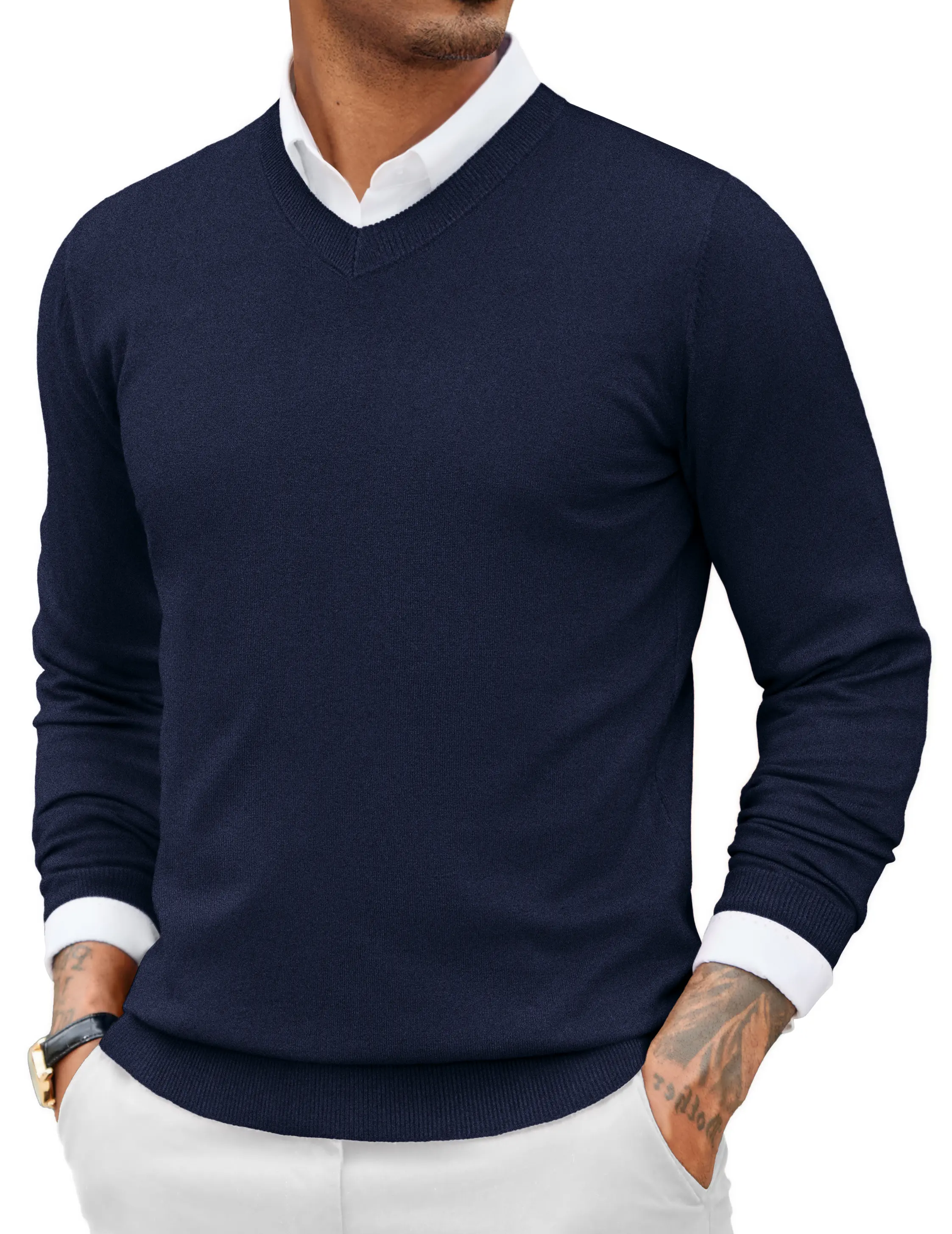 COOFANDY Fall Outfits Knitted Ribbed V-neck Casual Jumper Knitwear Classic Fabric Lightweight Fashion Menswear Shirt Soft Sweater Office（Only the crew neck sweater is for sale）