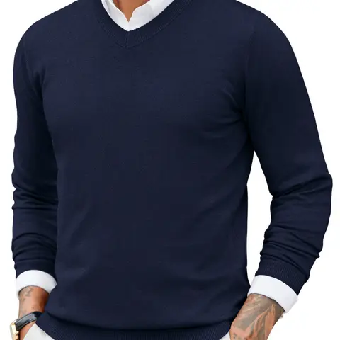 COOFANDY Fall Outfits Knitted Ribbed V-neck Casual Jumper Knitwear Classic Fabric Lightweight Fashion Menswear Shirt Soft Sweater Office（Only the crew neck sweater is for sale）