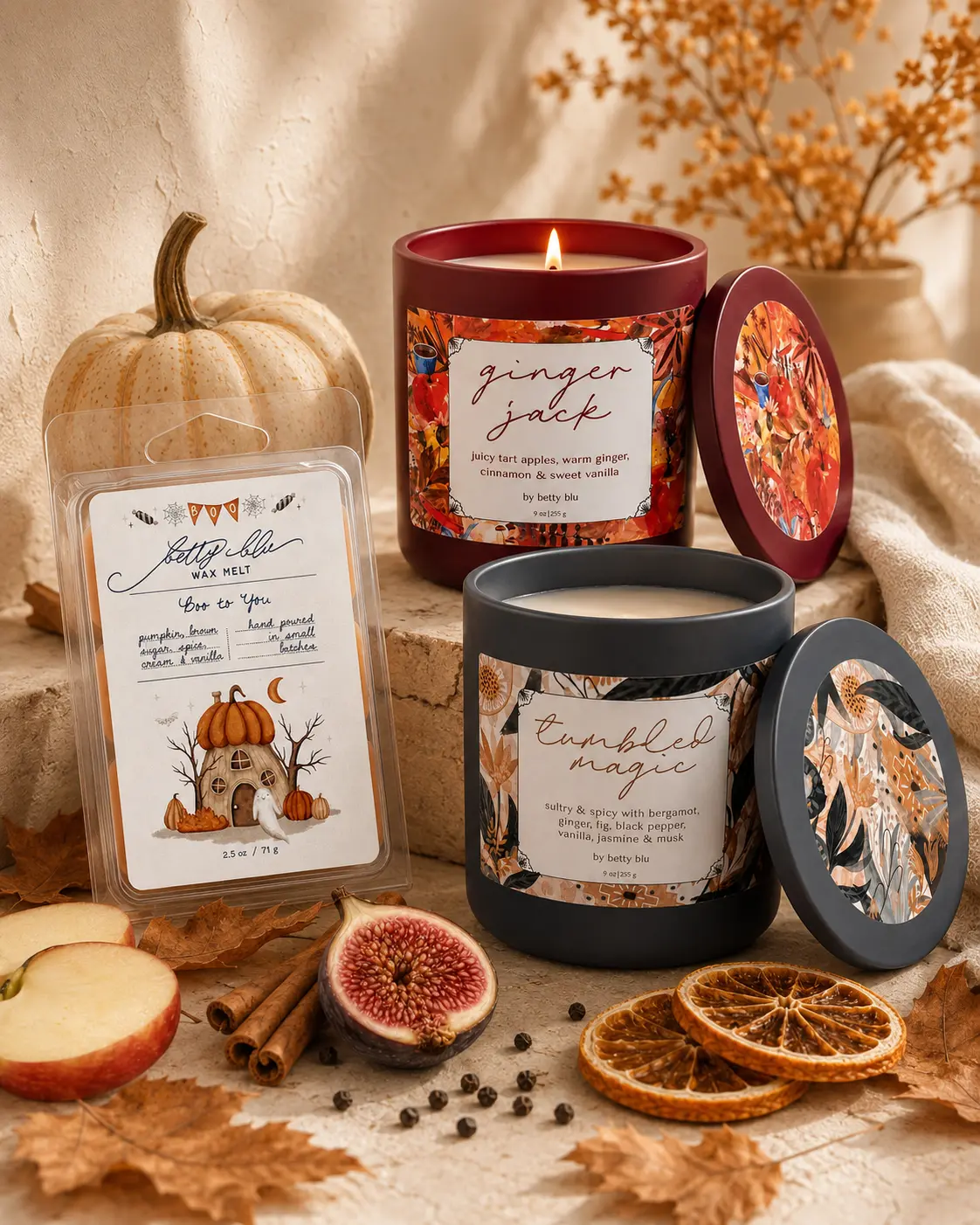 Halloween Candle Gift Set | Trick of the Light | Tumbled Magic Ginger Jack Boo to You | 2 Candles and Wax Melts | Spooky Fall Home Fragrance | BettyBlu