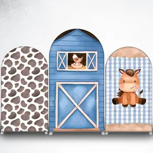 Blue Farm Barn with Chicken Arch Backdrop Cover for Barnyard Theme Party