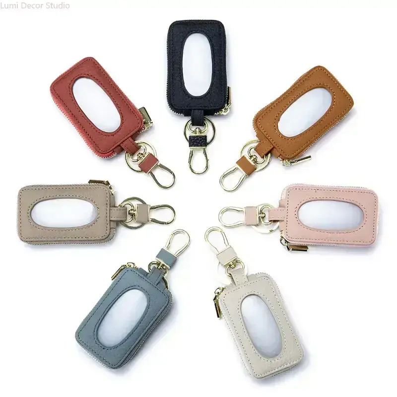 Leather Car Key Case with Window | Zippered Key Holder | Portable Key Organizer with Keychain for Men and Women
