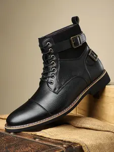 Men's Mid-Calf Boots Fashionable Lace-Up Casual Solid Color Round Toe Rubber Sole, Daily Wear, Retro Style, PU Material, All Seasons