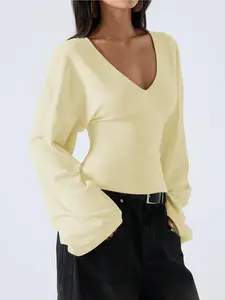 Women's V-Neck Long Sleeve Waist Cinching Homewear Top Blouse, Streetwear Hip-Hop Schoolgirl Youth Holiday Casual Fashion Trendy