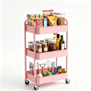 3-Tier Rolling Storage Cart with Wheels Pink Mobile Utility Cart with Handles Multi-Purpose Organizer for Kitchen Bathroom Bedroom & Office Easy to Move Storage Trolley