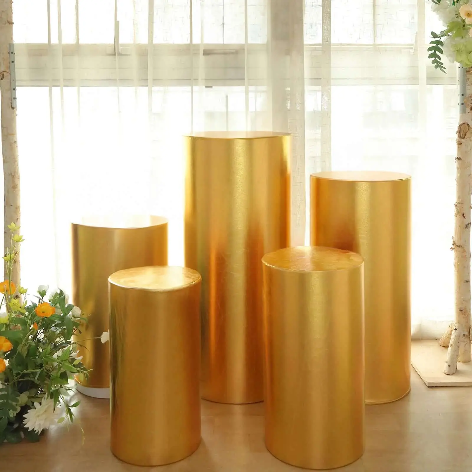 130 GSM Metallic Gold Spandex Fabric Pillar Covers - 5-Piece Stretch-to-Fit Cylinder Prop Shiny Pedestal Dust Covers for Party Decor, Shopping Mall Events (Home Supplies)