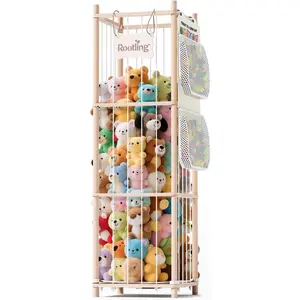 Plush Toy Storage & Organizer, 54-inch Tall Wooden Cute Zoo Toy Holder with Building Block Storage Bag, Premium Wood with Elastic Cord for Toddler Rooms, Playrooms, Bedrooms