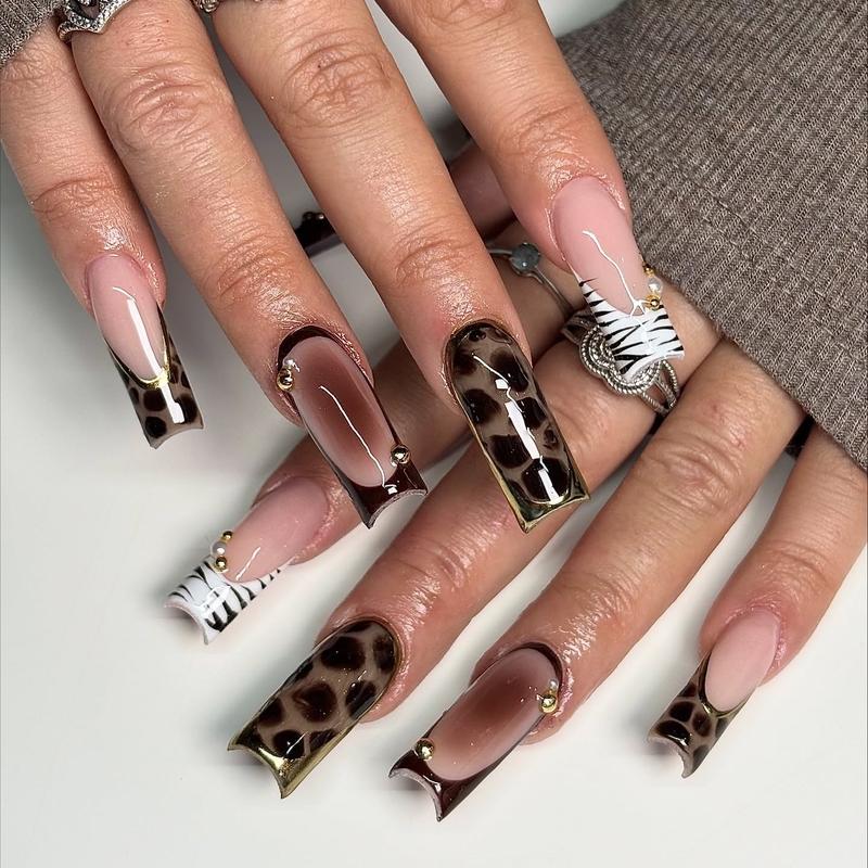 NailKavie Square Tortoise Shell Zebra French Tip Nails Brown Ombre Gold Chrome Border Press On Nails