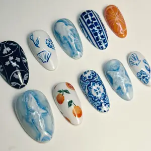 S88 Mediterranean Ocean Press-On Nails, 3D Whale & Seashell Art, Blue Porcelain Style, Citrus Accent, Summer Nails, Solana Nails Town