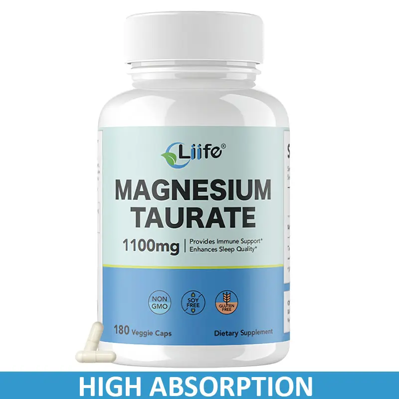 LIIFE GMO-Free Magnesium Taurate Mineral Supplement - 1100mg per Capsule, 180 Vegan Gluten-Free Vegetarian Capsules, 200mg Elemental Magnesium per Serving, Sleep Aid for Adults