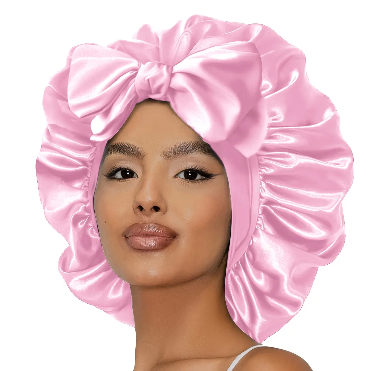 Double Layer Satin Bonnet Silk Bonnet for Sleeping  2025 New Lined Hair Bonnet with Tie Band for Women Curly Hair Pink Elastic