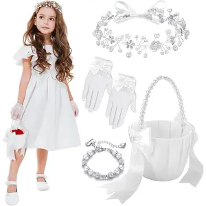 4 Pack Classic Flower Girl Baskets Set Flower Girl Jewelry Wedding Accessories Including Headband Bracelet Baskets and Gloves