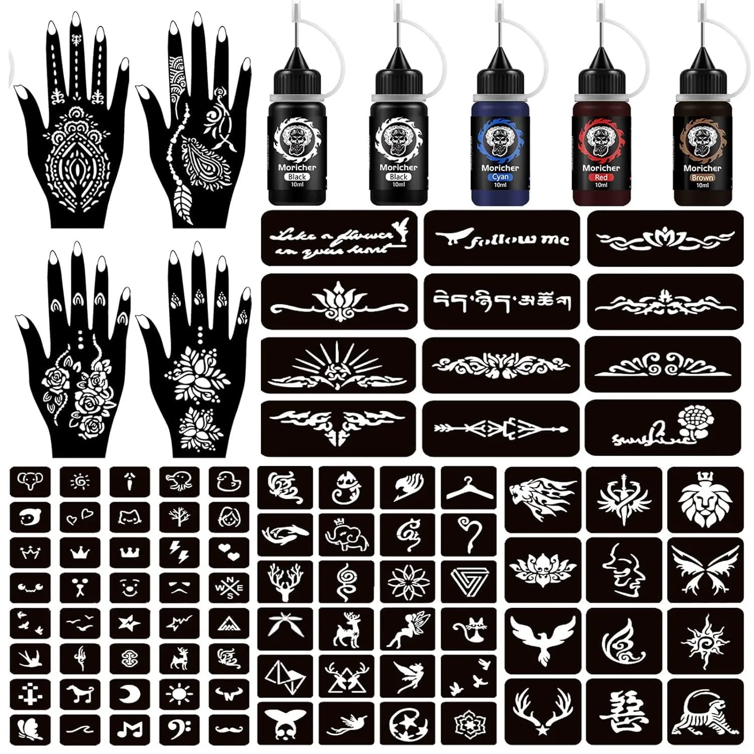 Henna Temporary Tattoo Kit, 5 Cones, 96 Stencils, Ideal Gift for DIY Art Party