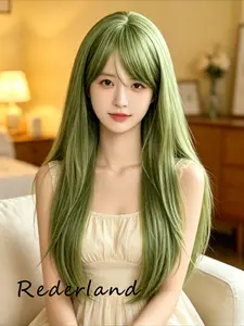 Temperament ladies light green smooth straight wig with bangs, pre-plucked, fluffy and breathable, natural and comfortable, synthetic fiber, high density, stable fit, suitable for daily use, dates, parties, concerts, Halloween and other occasions