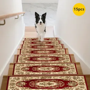 15pcs Rubber Non-Slip Stair Treads, Vintage Style, Exquisite Floral and Scroll Pattern Stair Treads, 8x30 Inches, Home Stair Mats, Step Protectors, Indoor Staircase Decor